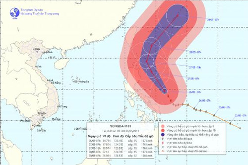 Dự báo đường đi của bão Songda - Ảnh: Trung tâm Dự báo Khí tượng Thủy văn Trung ương sáng 26.5
